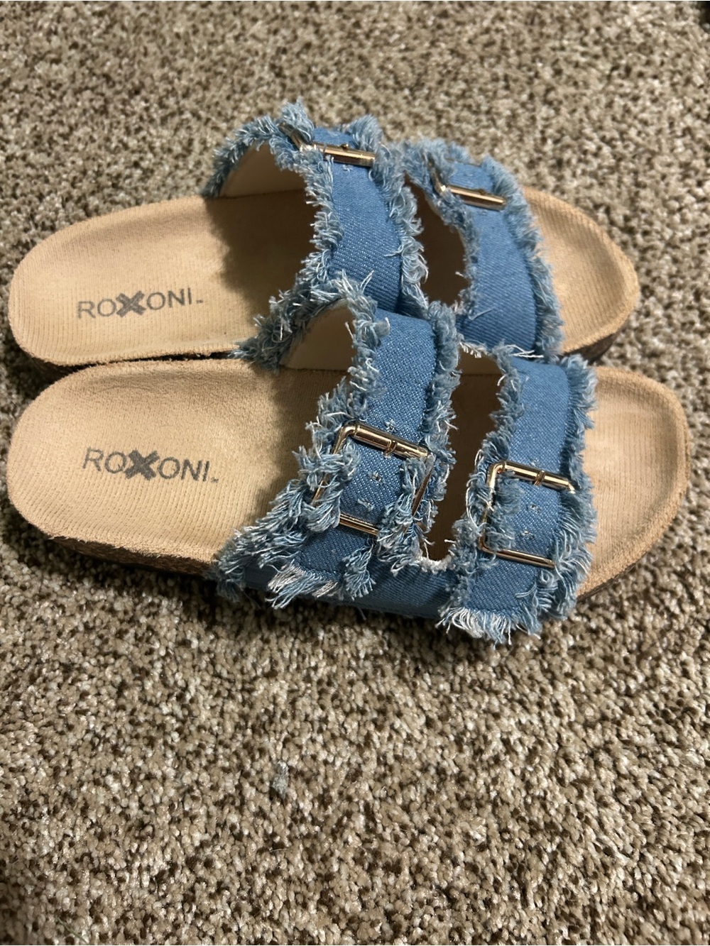 Roxoni Denim Frayed Double Buckle Slide Sandals - Light Blue